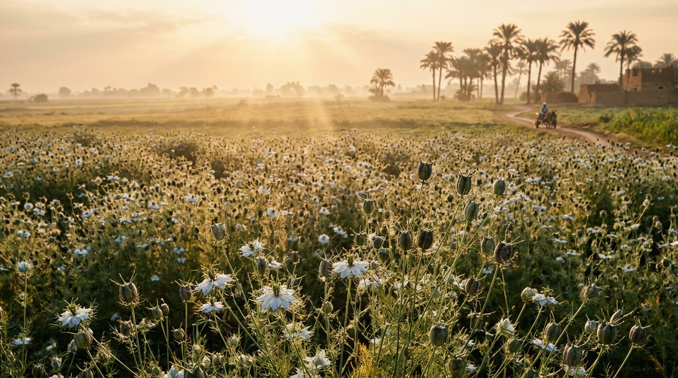 Schwarzkümmelfelder mit blühenden Nigella-Sativa-Pflanzen im Morgenlicht, Ägypten