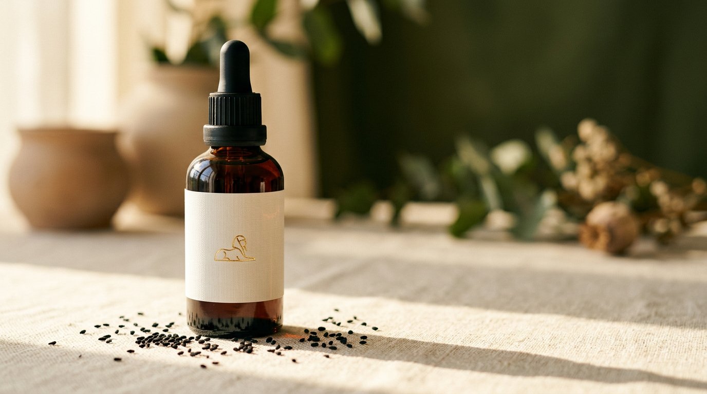 Bio Schwarzkümmelöl von Sphinx in bernsteinfarbener Glasflasche auf Leinen, umgeben von Schwarzkümmelsamen