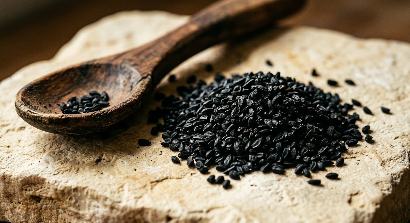 Makroaufnahme von Schwarzkümmelsamen auf heller Steinfläche